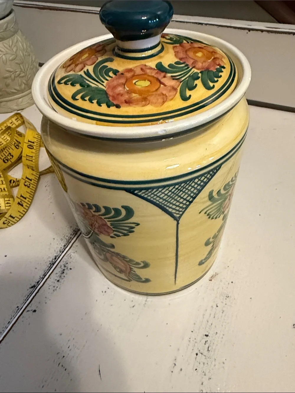 Pretty yellow and green cannister with lid.  Pottery from Greece.   AS IS!